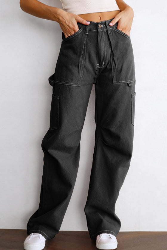 Black Denim Straight Leg High Waisted Cargo Pants