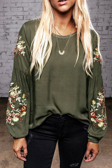  Olive Green Flower Embroidered Long Sleeve Blouse