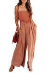 Orange Spaghetti Strap Shirred Wide Leg Jumpsuit