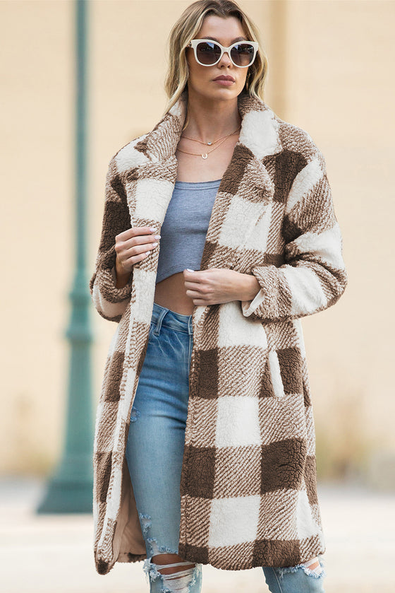 Brown Plaid Lapel Collar Long Open Front Coat