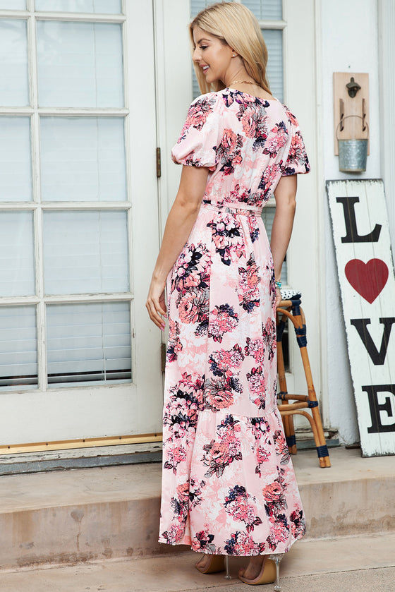 Pink Floral Print Wrap Puff Sleeve Dress