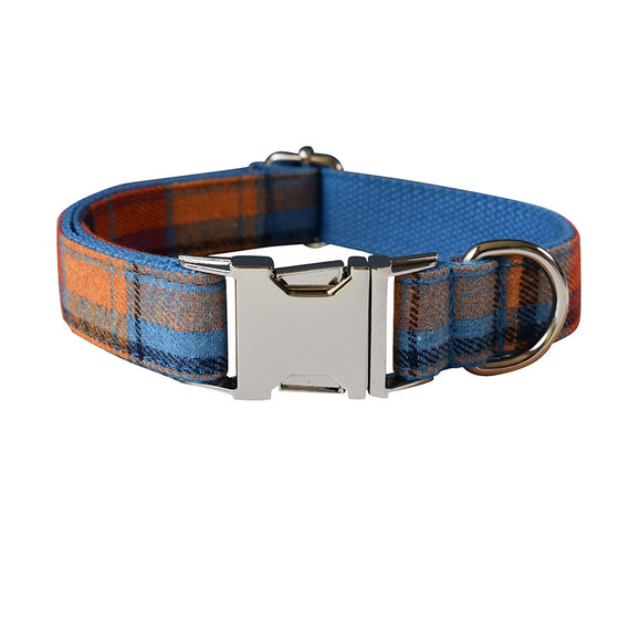 Luxury Orange and Blue Plaid Dog Collar and Leash