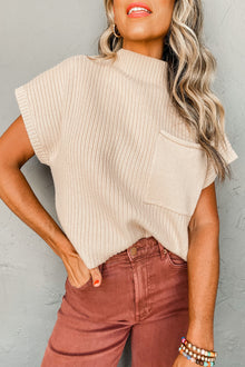  Oatmeal Patch Pocket Ribbed Knit Short Sleeve Sweater | Available in 7 Colors