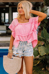 Pink Eyelet Patchwork Ruffle Frayed Crinkle Blouse