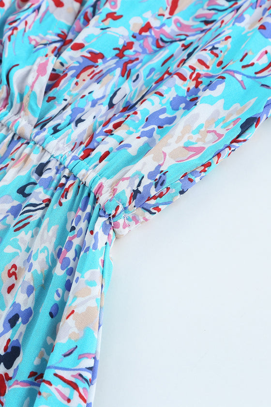 Abstract Print Wrap V Neck Flutter Sleeve Mid Length Summer Dress | Available in Blue