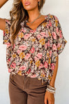 Pink Floral Print Bubble Hem Split Neck Blouse