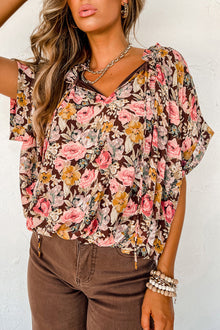  Pink Floral Print Bubble Hem Split Neck Blouse