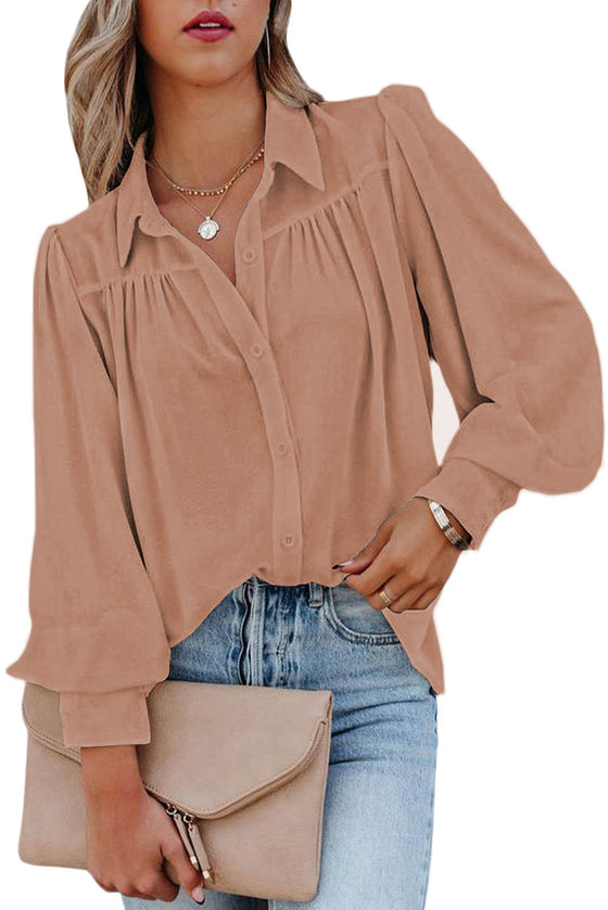 Khaki Solid Color Casual Button Up Puff Sleeve Pleated Shirt | Available in Other Colors