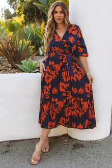  Orange V Neck Wrap Floral Casual Pleated Belted Maxi Dress