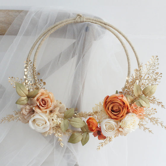 Orange, Peach, and Cream Rose Wreath with Gold Accents