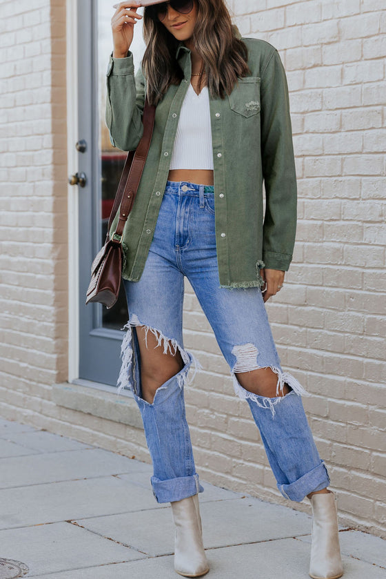 Black Ripped Raw Hem Button Up Denim Shacket