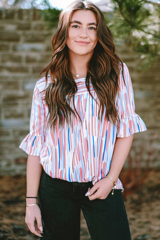 White Striped Abstract Print Ruffle Half Sleeve Blouse