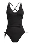 Black Ribbed Knit Backless One-Piece Swimsuit