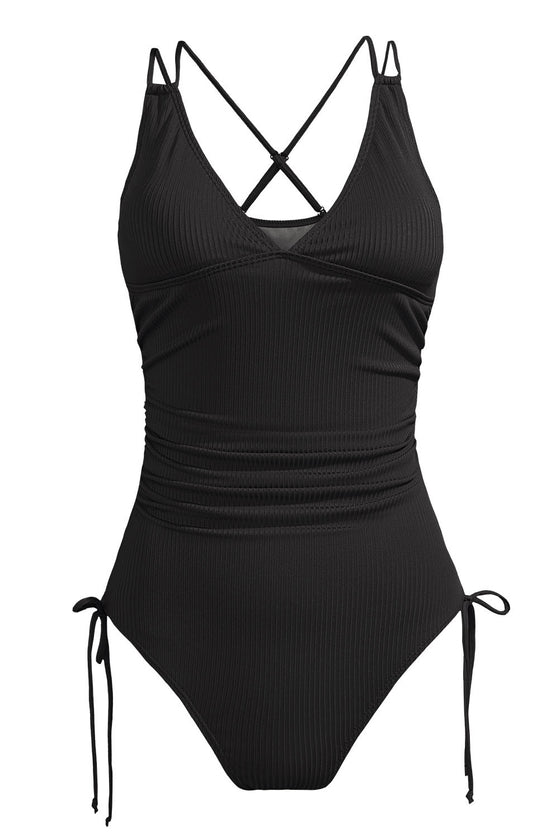 Black Ribbed Knit Backless One-Piece Swimsuit