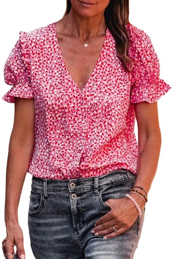 Pink Abstract Print V-Neck Blouse