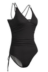 Black Ribbed Knit Backless One-Piece Swimsuit