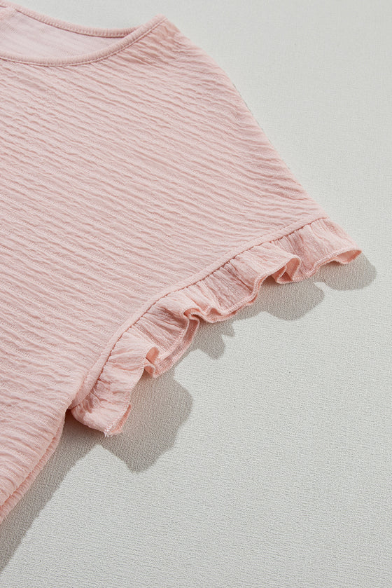 Light Pink Textured Frill Cuffs Short Sleeve Blouse