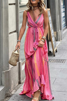  Pink Boho Tassel Tie Wrap V Neck Maxi Dress