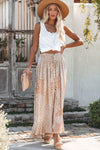 Peach Colored Boho Flower Print Smocked Waist Button Slit Maxi Skirt