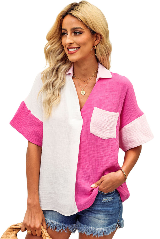 Hot Pink Color Block Short Sleeve Polo Blouse