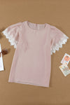 Pastel Pink Lace Trim Flutter Sleeve Blouse for Women