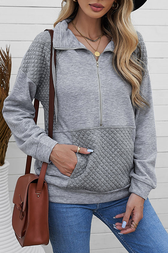 Grey Casual Pocket Quilted Patch Half Zipper Sweatshirt