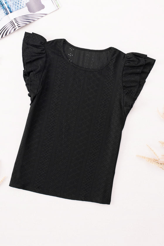 White Eyelet Textured Ruffle Short Sleeve Blouse | Available in Black