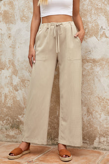  Khaki Drawstring Waist Crinkled Wide Leg Pants