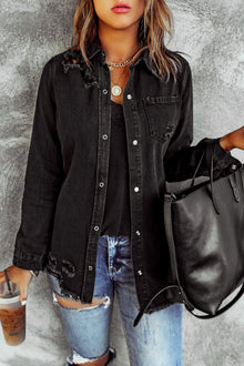  Black Ripped Raw Hem Button Up Denim Shacket