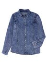 Dark Blue Rached Puff Sleeve Button-Up Denim Shirt