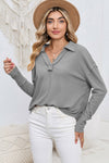 Gray V Neck Collared Retro Waffle Long Sleeve Top | Other Colors Available