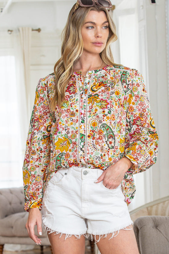 Multicolor Boho Floral Print Puff Sleeve Shirt