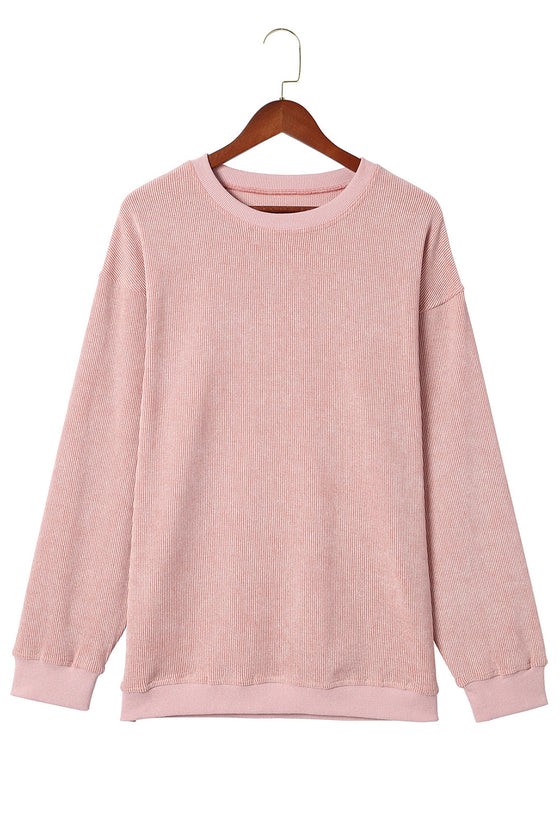 Pink Solid Ribbed Round Neck Pullover Sweatshirt |Available in 6 Colors