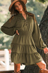 Green Solid Color Notch Neck Tiered Long Sleeve Dress