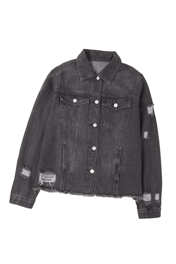 Black Casual Distressed Raw Hem Buttons Denim Jacket | Available in 3 Colors