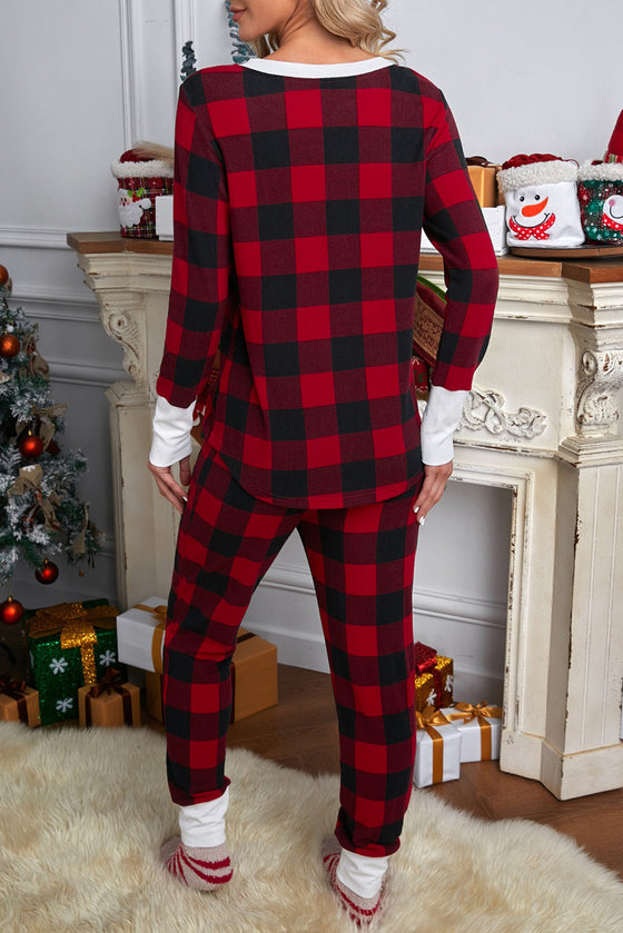 Red Christmas Plaid Long Sleeve Top & Pants Loungewear Set