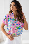 Pink Abstract Floral Print Split V Neck Top