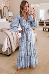 Leopard Surplice V Neck Bubble Sleeve Sash Maxi Dress | Available in 2 Colors