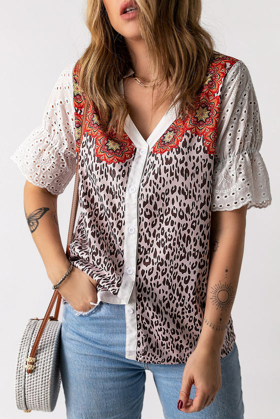 Leopard Mandala Print Patchwork Blouse