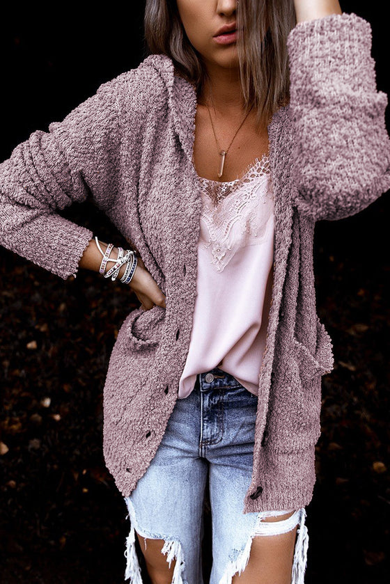 Pink Fuzzy Popcorn Pocket Long Sleeve Knit Cardigan