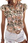 Laurel Green Floral Print Frilled V Neck Butterfly Sleeve Blouse