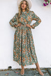 Green Frill Neck Boho Floral Print Pleated Belted Maxi Dress