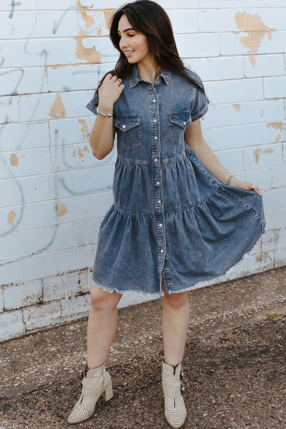 Blue Button Up Short Sleeve Denim Shirt Dress