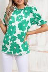 Green 60s Floral Print Puff Sleeve Frill Neckline Blouse