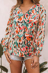 Multicolor Abstract Print Boho V Neck Shirred Cuffs Blouse