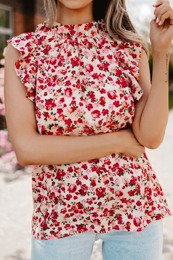 Red Floral Sleeveless Shirt