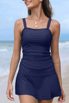 Green Square Neck Adjustable Strap Ruched Tankini Swimsuit