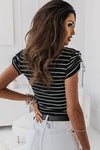 Black Striped Drawstring Sleeve Knitted T Shirt