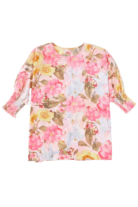 Pink 3/4 Sleeve Loose Fit Floral Blouse