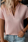 Pink Solid V-neck Textured Short Sleeve Blouse